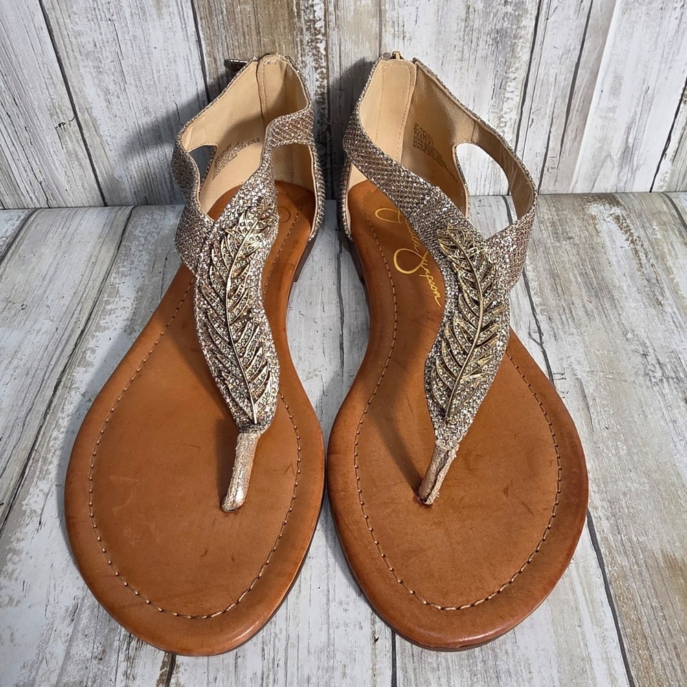 Jessica Simpson Gold Glitter Leaf Thong Sandals Womens 6.5 Flat Back Zip Boho